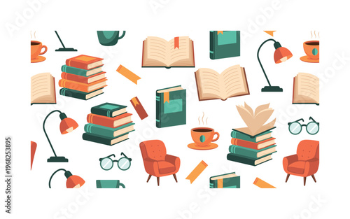 book lover icons seamless pattern, repeating pattern, surface design, textile print, modern illustration of open books, stacks of novels, reading glasses,