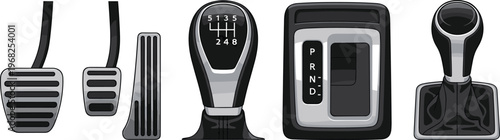 Car Gear Shift and Pedals Set Manual and Automatic Transmission Vehicle Control Vector Illustration Collection for Automotive and Driving Design
