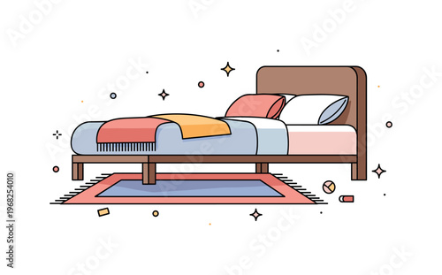 Rug under bed evening relaxation concept where a soft rug peeks from under the bed for a cozy atmosphere while tiny sparkle and star icons highlight comfort,