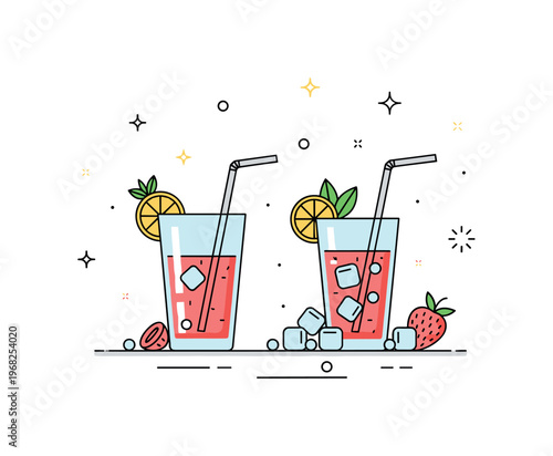 Cocktail fruity drink scene where a glass of juice and cocktail sits on a table with ice and garnishes while small sparkle and line icons emphasize freshness,