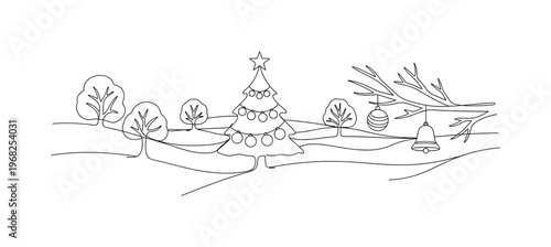 Festive Snow Scene. Minimalistic one-line drawing snow-covered landscape with holiday ornaments, continuous single black line on white background, simple