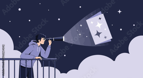 Man with Telescope Looking at Stars and Galaxies in Night Sky