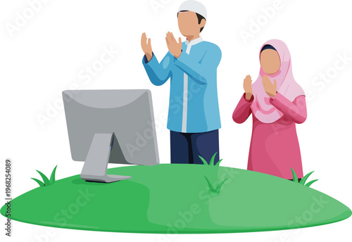 Muslim Couple Praying in Front of Computer Islamic Prayer Online Concept Vector Illustration for Religion, Technology and Worship Design