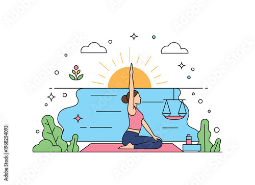 Yoga at sunrise calm riverbank concept where a person practices yoga on a mat by a river with soft sunlight while tiny sparkle and star icons highlight