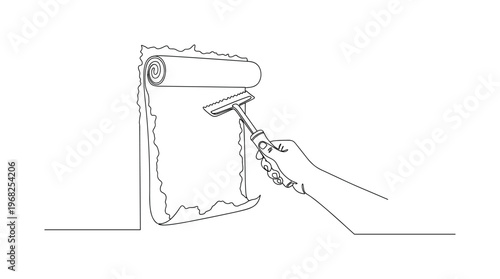 Wallpaper Stripping. Minimalistic one-line drawing hand using tool to remove old wallpaper from wall, continuous single black line on white background, simple