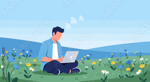 Man working on laptop in a wildflower meadow, connected to Wi-Fi outdoors.