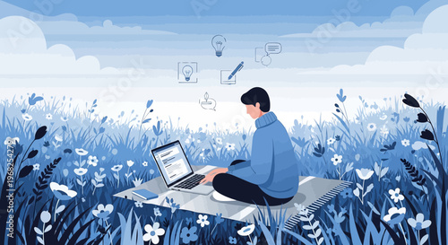 Man working on laptop in a blue wildflower meadow, remote work, creative inspiration