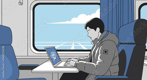 Man Working on Laptop Inside Train with Blurred Landscape View