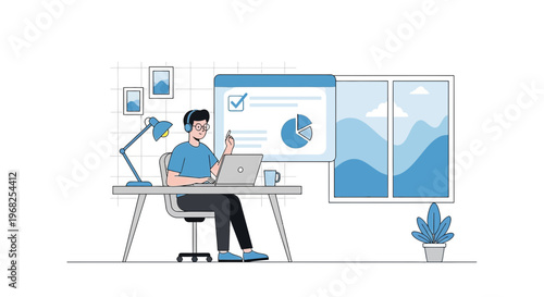 Man working remotely on laptop, charts and graphs on screen, home office setup