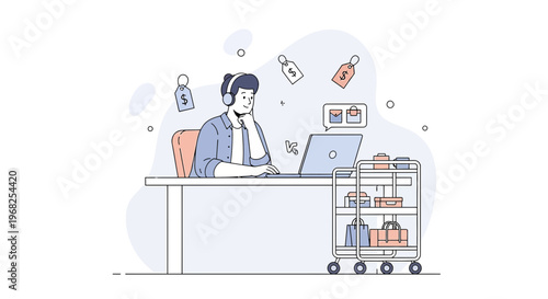 Man working remotely with laptop, headphones, shopping cart and price tags