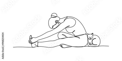 Mindful Stretch. Minimalistic one-line drawing person in yoga pose with cat curled nearby, continuous single black line on white background, simple outline