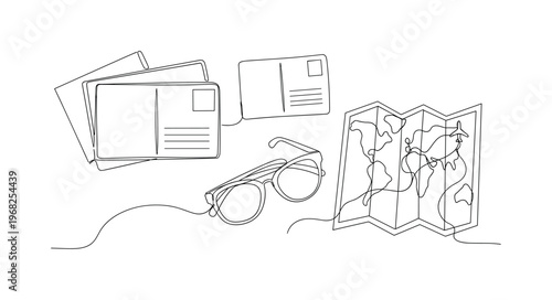 Travel Souvenirs. Minimalistic one-line drawing collection of postcards, sunglasses, and map, continuous single black line on white background, simple outline
