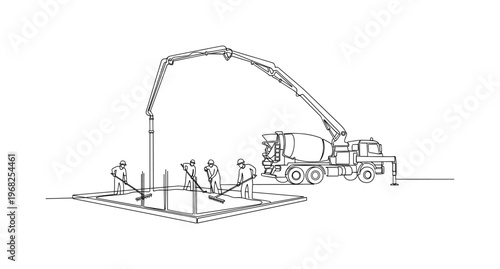 Concrete Placement Team. Minimalistic one-line drawing construction crew operating pump and distributing concrete, continuous single black line on white