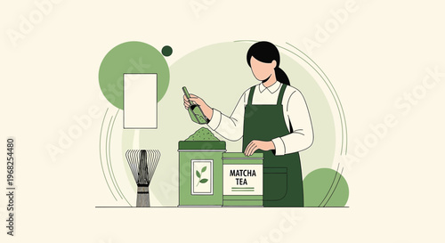Matcha Tea Preparation: Barista Making Green Tea Drink in Modern Flat Design