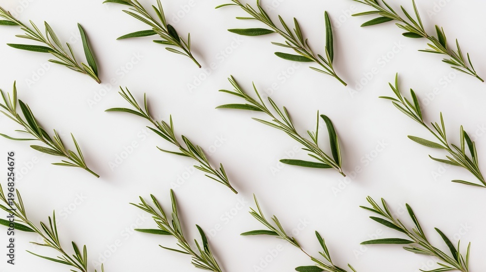 Fototapeta premium Tea tree branches arranged in a flat lay pattern, minimal herbal background