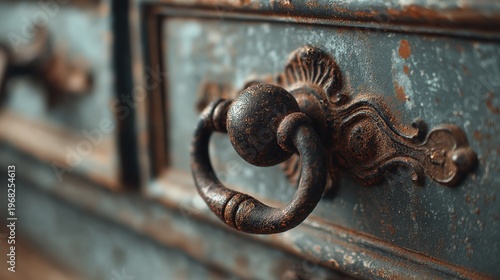 Antique drawer handle with rusted metal finish. Close up of vintage cupboard pull on weathered furniture. Classic interior design detail with aged texture and rustic decorative style.