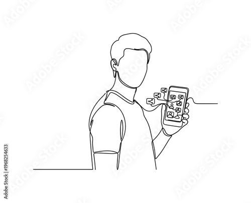 Social Networking. Minimalistic one-line drawing person interacting with mobile device displaying social media, continuous single black line on white