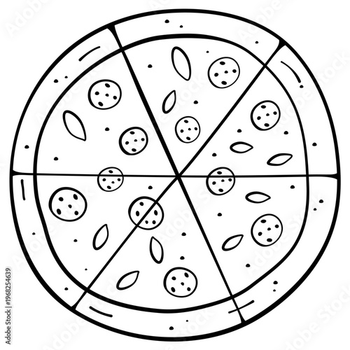 Simple outline depiction of a pepperoni pizza in a flat top view.