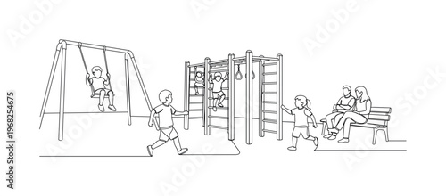 Playground Fun Scene. Minimalistic one-line drawing children climbing, swinging, and running while adults relax nearby, continuous single black line on white