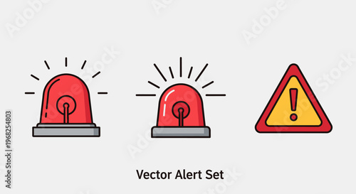 Vector Alert Set of Red Sirens and Yellow Warning Triangle Icons on an Isolated White Background.
