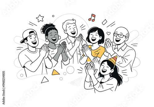 Group Applause. Diverse group of people clapping together, smiling faces and raised hands, shared excitement and celebration in the air. Rhythm and movement