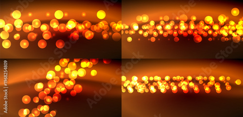 Bright bokeh lights create warm, abstract patterns. Orange, yellow hues dominate composition, evoking festive mood.