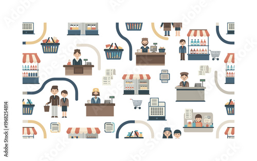 store service motifs seamless pattern, repeating pattern, surface design, textile print, modern illustration of cashiers, counters, products, shopping baskets,