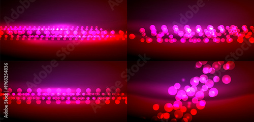 Four panels display vibrant, blurred lights. Colors shift from pink to red, creating dynamic visual effect. Backgrounds are dark gradients.