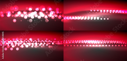 Red backgrounds display glowing circles, varying density. Light creates abstract patterns, soft illumination. Visuals suggest festive mood, energy.