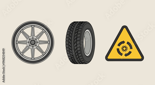Automotive Wheel, Tire, and Maintenance Warning Icons in a Bright Studio.