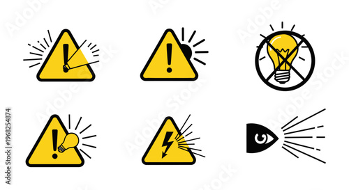 Safety Warning Icons Set with Exclamation Mark, No Light, Electrical Hazard, and Eye Protection on an Isolated White Background.