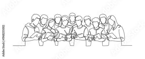 Education for All. Minimalistic one-line drawing group of students with books and pencils together, continuous single black line on white background, simple