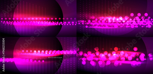 Abstract vibrant pink glowing dots, lines, circles over dark background. Modern digital design elements, futuristic concept.