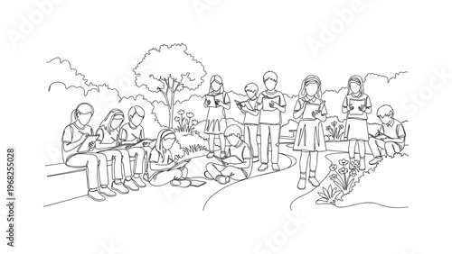 Outdoor Learning. Minimalistic one-line drawing schoolchildren taking notes while exploring garden or park, continuous single black line on white background,