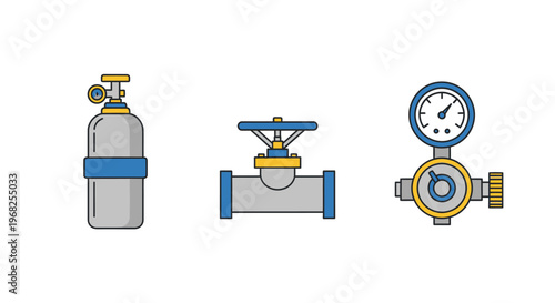 Industrial gas cylinder, valve, and pressure gauge on isolated white background