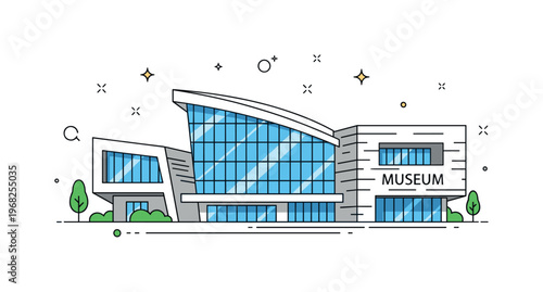 Modern architecture museum entrance scene where a building features angular geometry and large glass doors while small sparkle and line icons emphasize design,