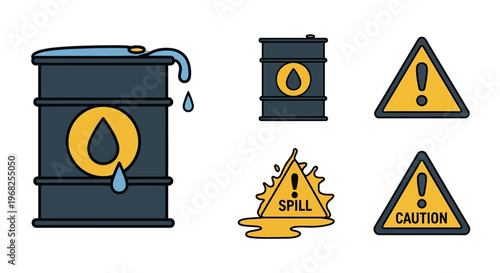 Oil Barrel, Chemical Spill, and Caution Warning Signs Icons on isolated white background