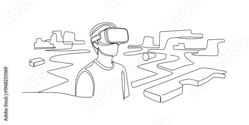 Virtual Adventure. Minimalistic one-line drawing person in headset navigating VR landscape, continuous single black line on white background, simple outline