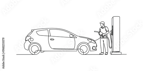 Vehicle Fueling. Minimalistic one-line drawing car at gas pump with person operating nozzle, continuous single black line on white background, simple outline