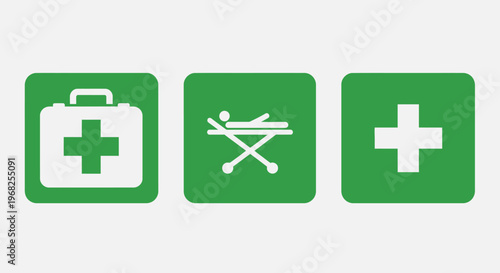 Set of green square first aid and emergency medical service icons on isolated white background