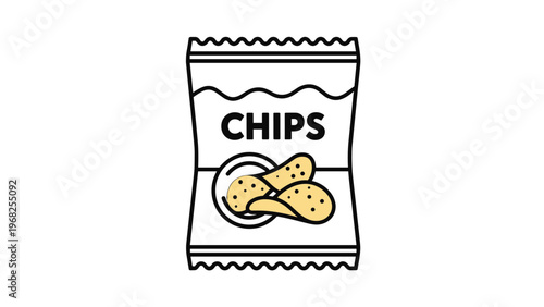Snack packaging for potato chips featuring a wavy top and a transparent window showing three crispy yellow slices on a white background.