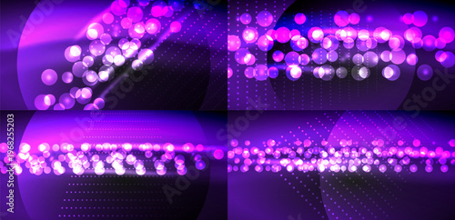 Bright purple lights create abstract background. Sparkling dots form dynamic patterns, suggesting energy, motion. Dark space surrounds vibrant illumination.