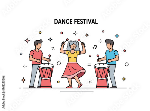 Dance festival drum and dance scene where musicians accompany dancers while tiny sparkle and line icons highlight rhythm, excitement, and lively engagement.