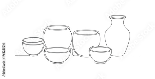Decorative Ceramics. Minimalistic one-line drawing collection of small bowls and ceramic pots for home display, continuous single black line on white
