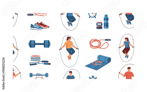 jump rope patterns seamless pattern, repeating pattern, surface design, textile print, modern illustration of people skipping rope, sneakers, fitness ropes,