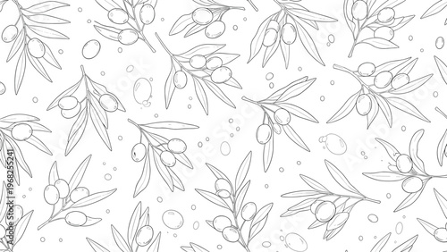 Artistic seamless pattern featuring hand-drawn olive branches with fruits and leaves scattered with tiny dots to create a repeating botanical texture.