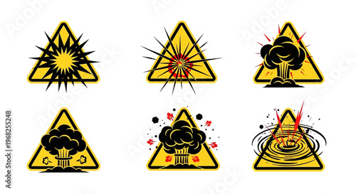 Set of Explosive Hazard Warning Symbols Showing Different Types of Blasts and Impacts, in a Bright Studio