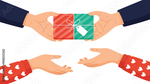 Concept of sharing and giving where one pair of hands passes a festive gift box to another pair of hands in a friendly exchange.