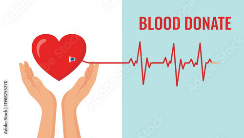 Medical concept for blood donation showing a red heart supported by two hands with an electrocardiogram pulse line extending to the right.