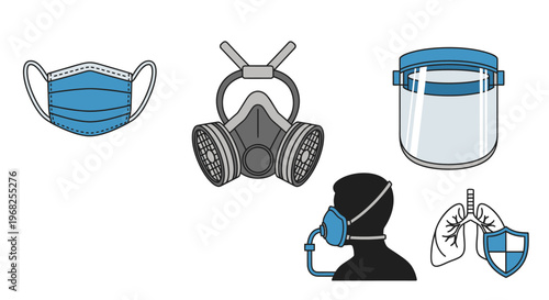 Respiratory Protection Equipment Icons including Medical Masks, Gas Masks, Face Shield, and Protected Lungs Symbol, in a Bright Studio